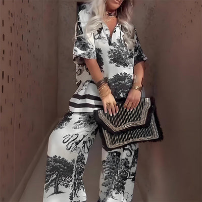 Elira | Printed Top with V-Neck + Long Pants